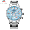 Mini Focus MF0188G.07 Chronograph – Ice Blue Sunburst Dial with Rose Gold Accents, Stainless Steel Bracelet & Date Display