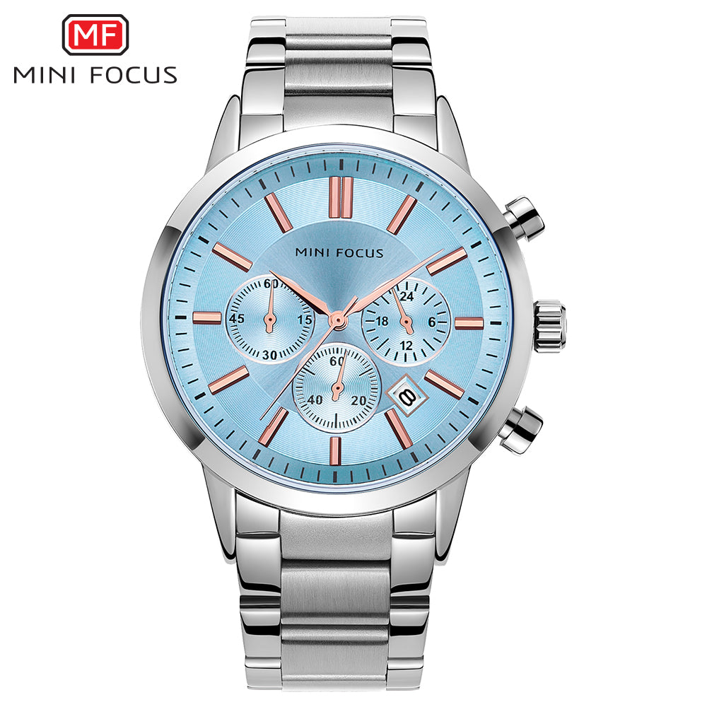 Mini Focus MF0188G.07 Chronograph – Ice Blue Sunburst Dial with Rose Gold Accents, Stainless Steel Bracelet & Date Display