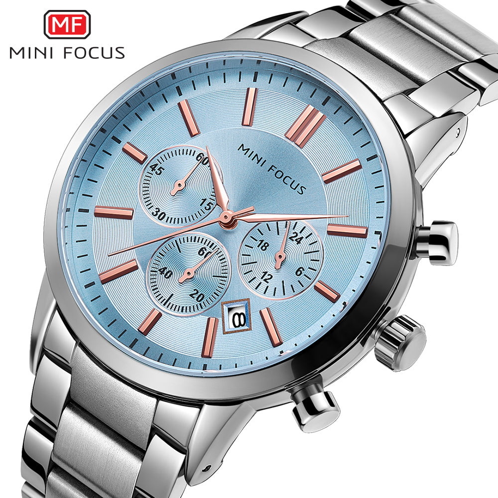 Mini Focus MF0188G.07 Chronograph – Ice Blue Sunburst Dial with Rose Gold Accents, Stainless Steel Bracelet & Date Display