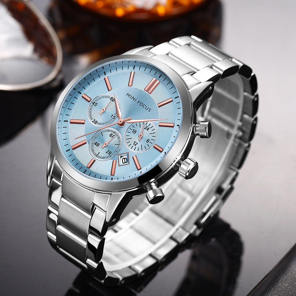 Mini Focus MF0188G.07 Chronograph – Ice Blue Sunburst Dial with Rose Gold Accents, Stainless Steel Bracelet & Date Display