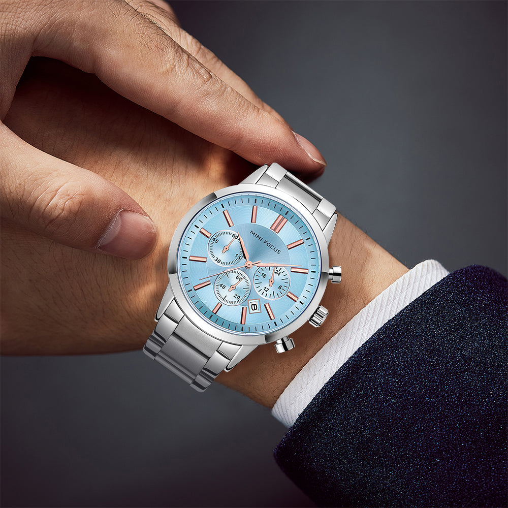 Mini Focus MF0188G.07 Chronograph – Ice Blue Sunburst Dial with Rose Gold Accents, Stainless Steel Bracelet & Date Display