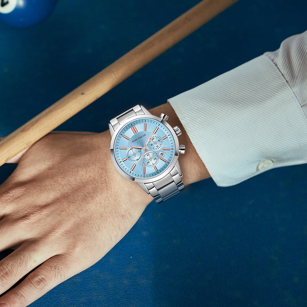 Mini Focus MF0188G.07 Chronograph – Ice Blue Sunburst Dial with Rose Gold Accents, Stainless Steel Bracelet & Date Display