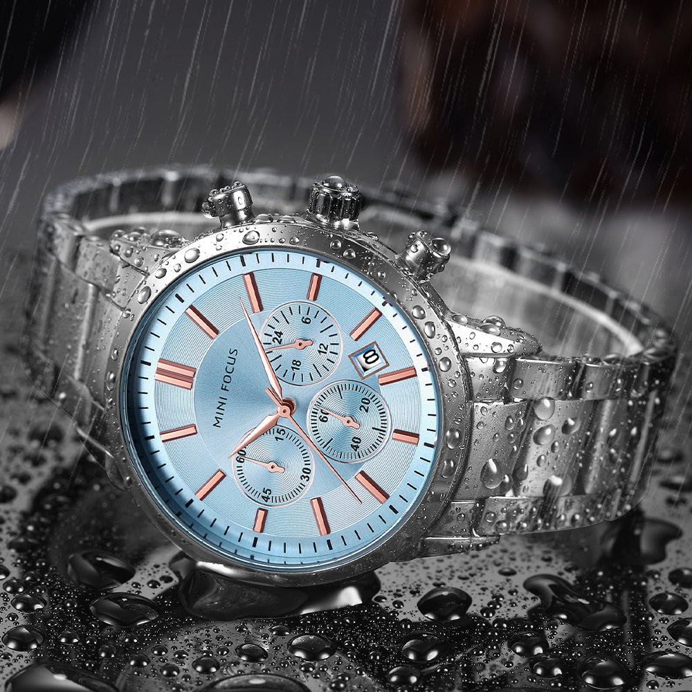 Mini Focus MF0188G.07 Chronograph – Ice Blue Sunburst Dial with Rose Gold Accents, Stainless Steel Bracelet & Date Display