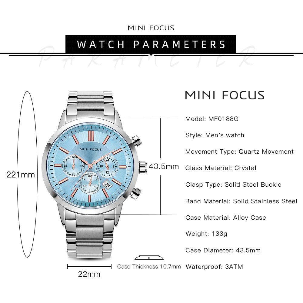 Mini Focus MF0188G.07 Chronograph – Ice Blue Sunburst Dial with Rose Gold Accents, Stainless Steel Bracelet & Date Display
