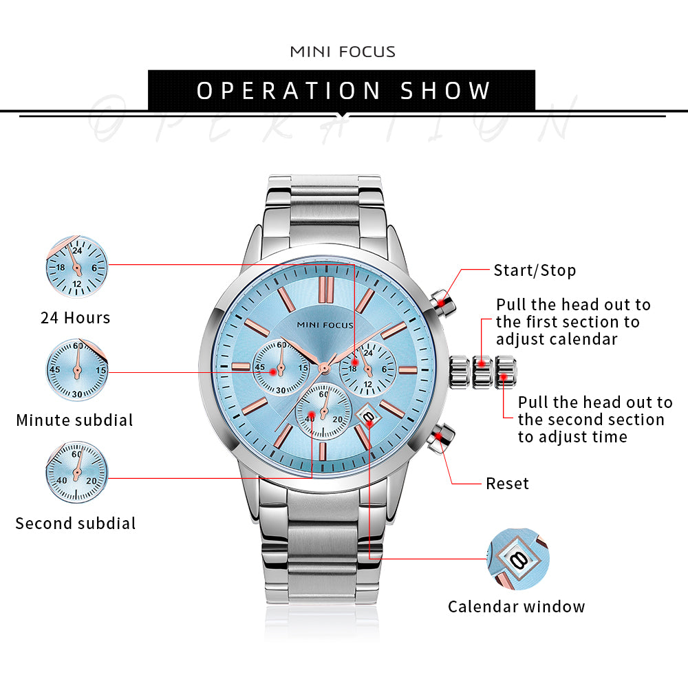 Mini Focus MF0188G.07 Chronograph – Ice Blue Sunburst Dial with Rose Gold Accents, Stainless Steel Bracelet & Date Display