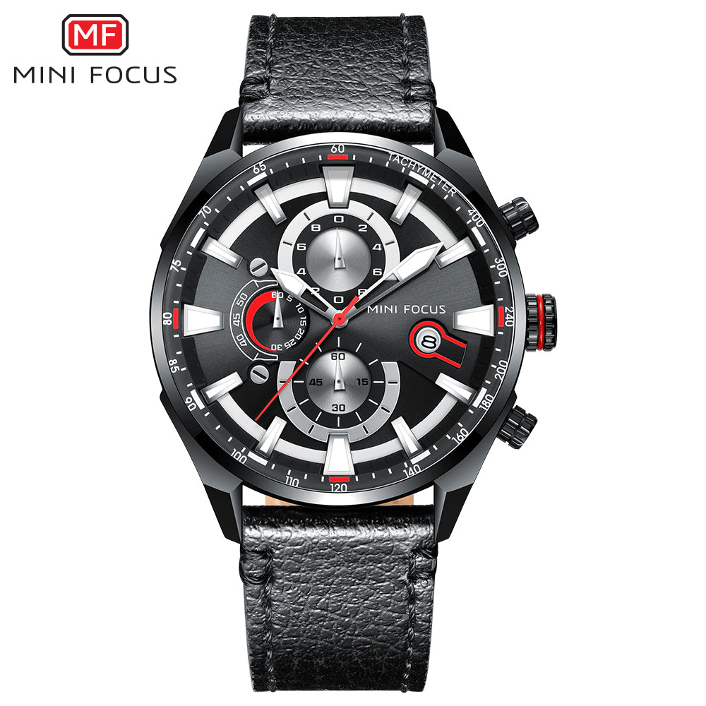 MINI FOCUS MF0202G.01 BLACK CHRONOGRAPH DIAL WITH BLACK LEATHER STRAP 45mm