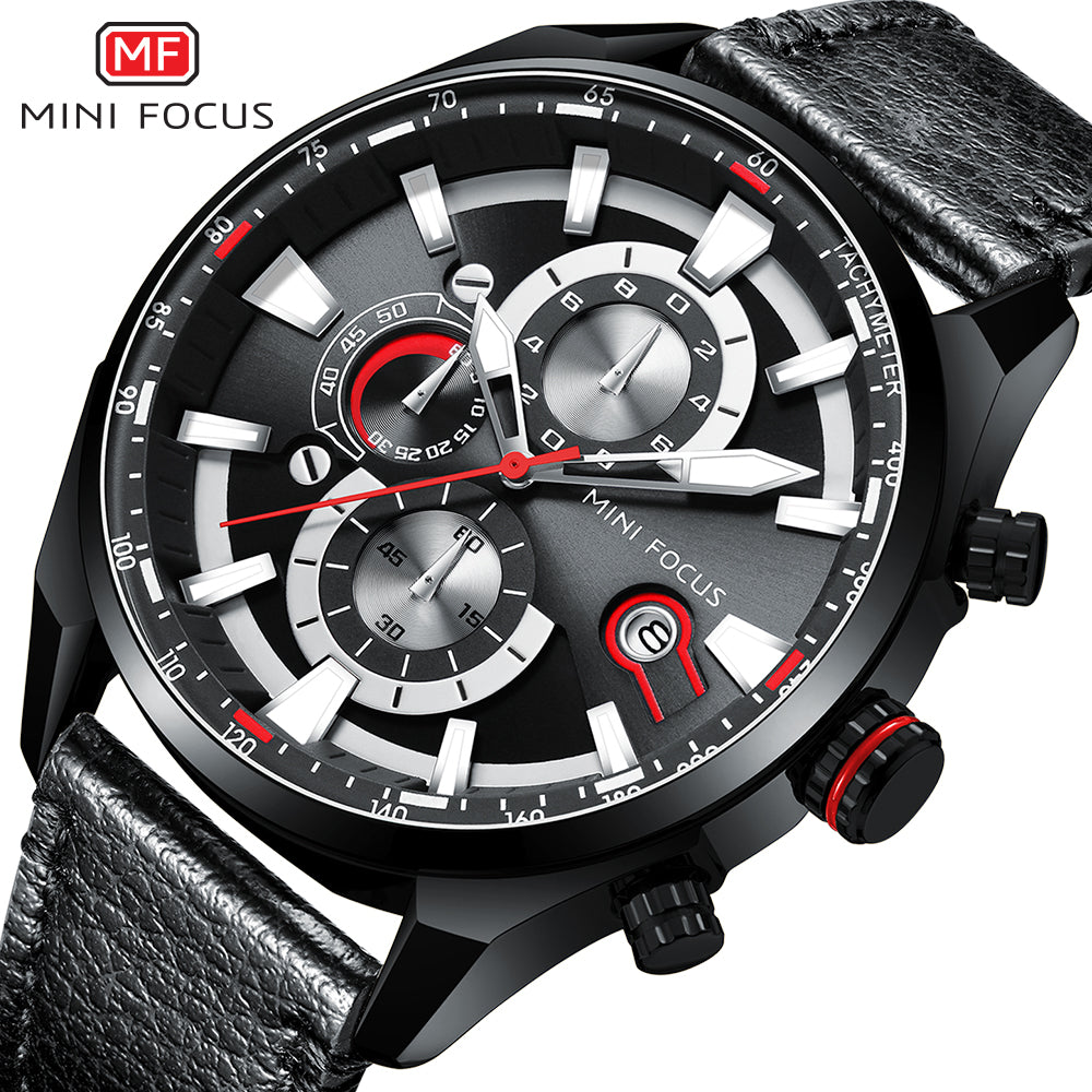 MINI FOCUS MF0202G.01 BLACK CHRONOGRAPH DIAL WITH BLACK LEATHER STRAP 45mm