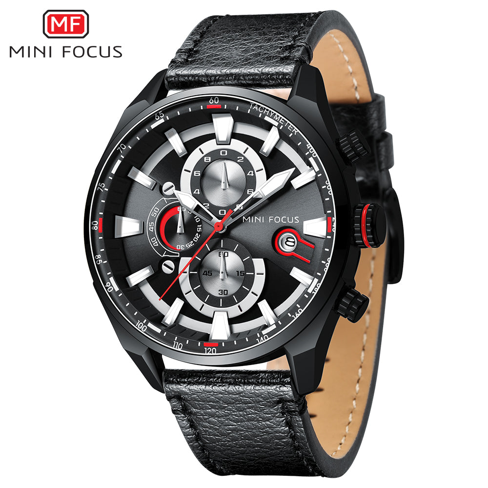 MINI FOCUS MF0202G.01 BLACK CHRONOGRAPH DIAL WITH BLACK LEATHER STRAP 45mm