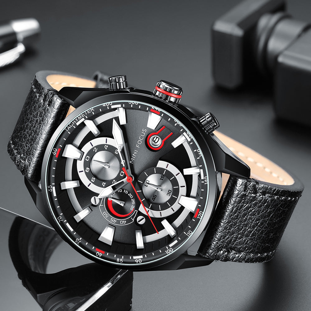 MINI FOCUS MF0202G.01 BLACK CHRONOGRAPH DIAL WITH BLACK LEATHER STRAP 45mm