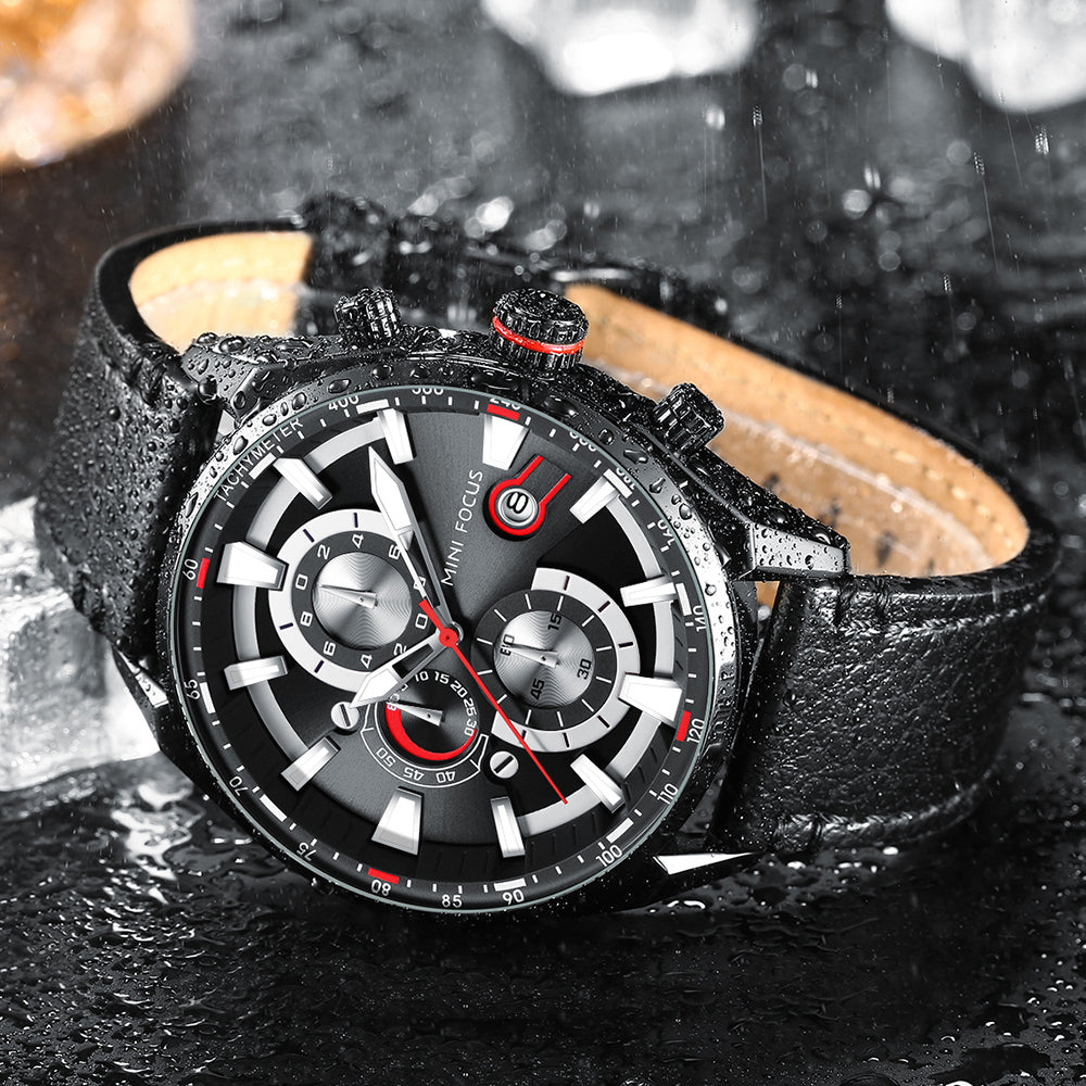 MINI FOCUS MF0202G.01 BLACK CHRONOGRAPH DIAL WITH BLACK LEATHER STRAP 45mm