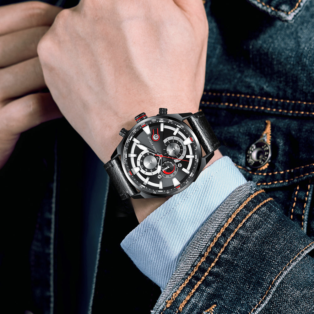 MINI FOCUS MF0202G.01 BLACK CHRONOGRAPH DIAL WITH BLACK LEATHER STRAP 45mm