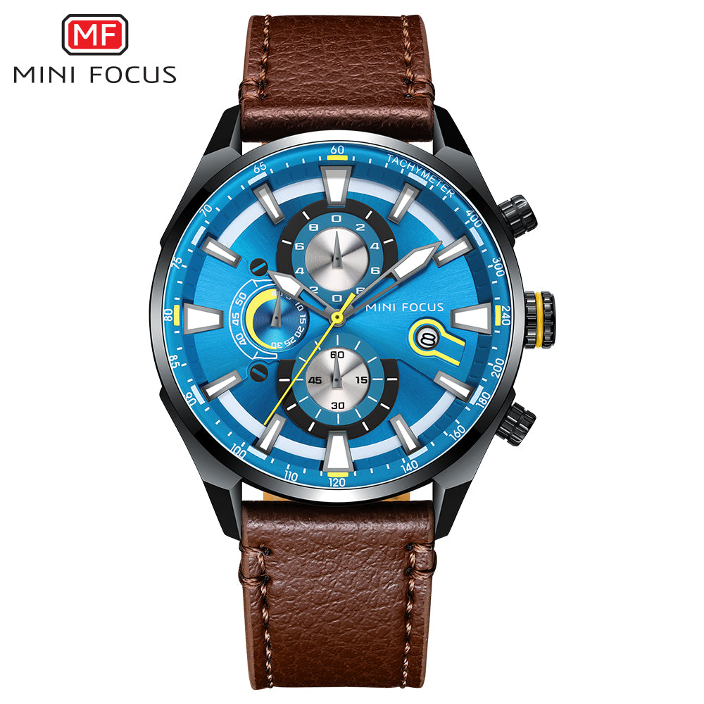 MINI FOCUS MF0202G.02 BLUE CHRONOGRAPH DIAL WITH BROWN LEATHER STRAP 45mm