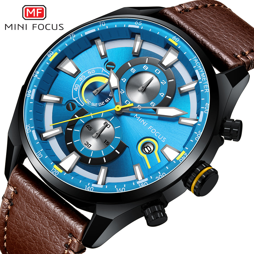 MINI FOCUS MF0202G.02 BLUE CHRONOGRAPH DIAL WITH BROWN LEATHER STRAP 45mm