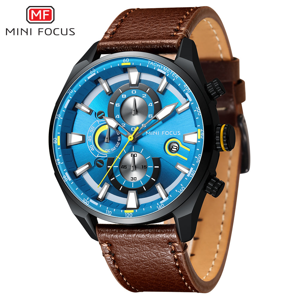 MINI FOCUS MF0202G.02 BLUE CHRONOGRAPH DIAL WITH BROWN LEATHER STRAP 45mm