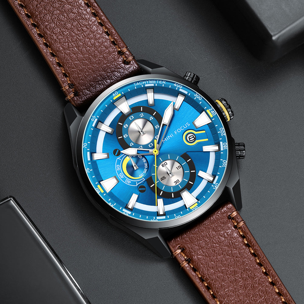 MINI FOCUS MF0202G.02 BLUE CHRONOGRAPH DIAL WITH BROWN LEATHER STRAP 45mm