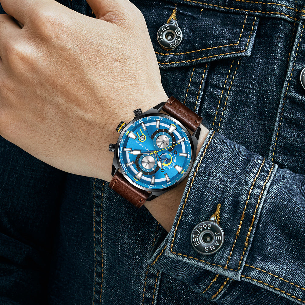MINI FOCUS MF0202G.02 BLUE CHRONOGRAPH DIAL WITH BROWN LEATHER STRAP 45mm