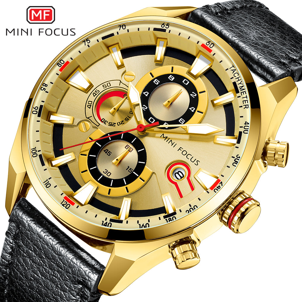 MINI FOCUS MF0202G.04 GOLD CHRONOGRAPH DIAL WITH BLACK LEATHER STRAP 45mm