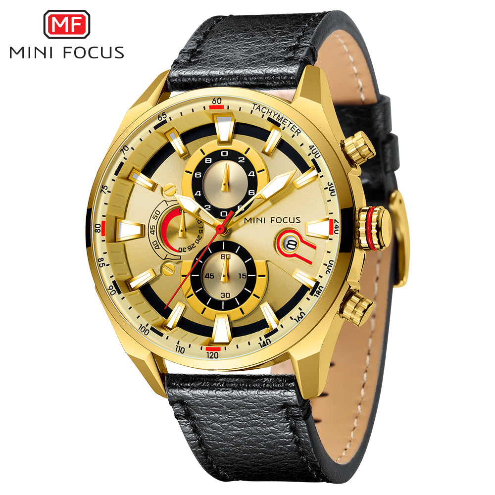 MINI FOCUS MF0202G.04 GOLD CHRONOGRAPH DIAL WITH BLACK LEATHER STRAP 45mm