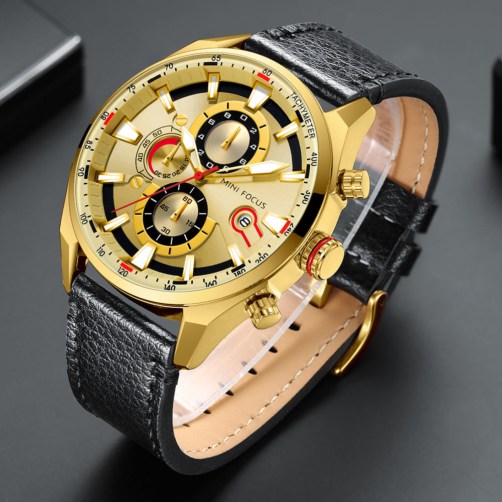 MINI FOCUS MF0202G.04 GOLD CHRONOGRAPH DIAL WITH BLACK LEATHER STRAP 45mm