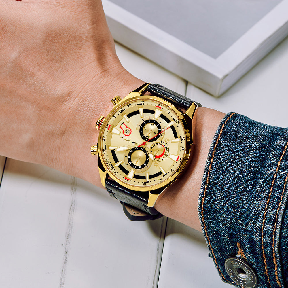 MINI FOCUS MF0202G.04 GOLD CHRONOGRAPH DIAL WITH BLACK LEATHER STRAP 45mm