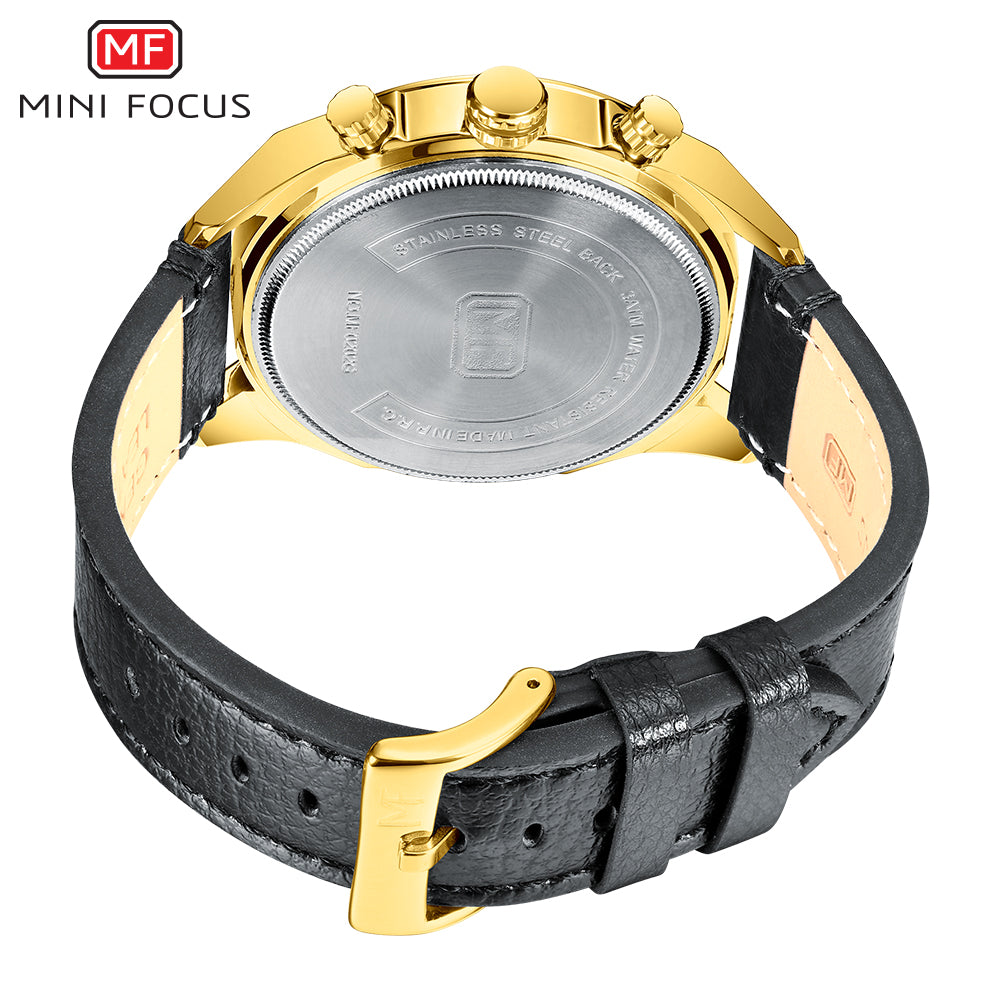 MINI FOCUS MF0202G.04 GOLD CHRONOGRAPH DIAL WITH BLACK LEATHER STRAP 45mm