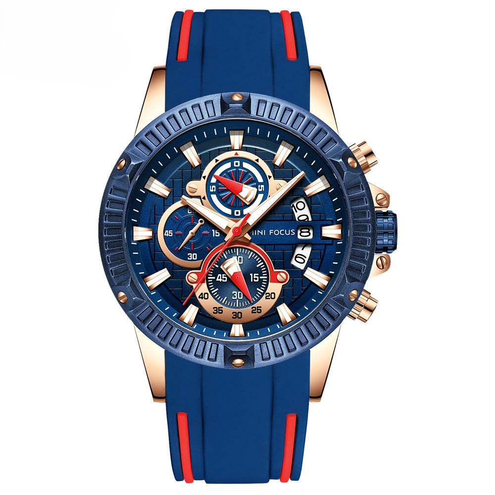 Mini Focus MF0244G.01 Men's Luxury Sports Chronograph Watch – Textured Blue Dial with Rose Gold Accents, Multi-Layer Chronograph Display and Bold Silicone Strap