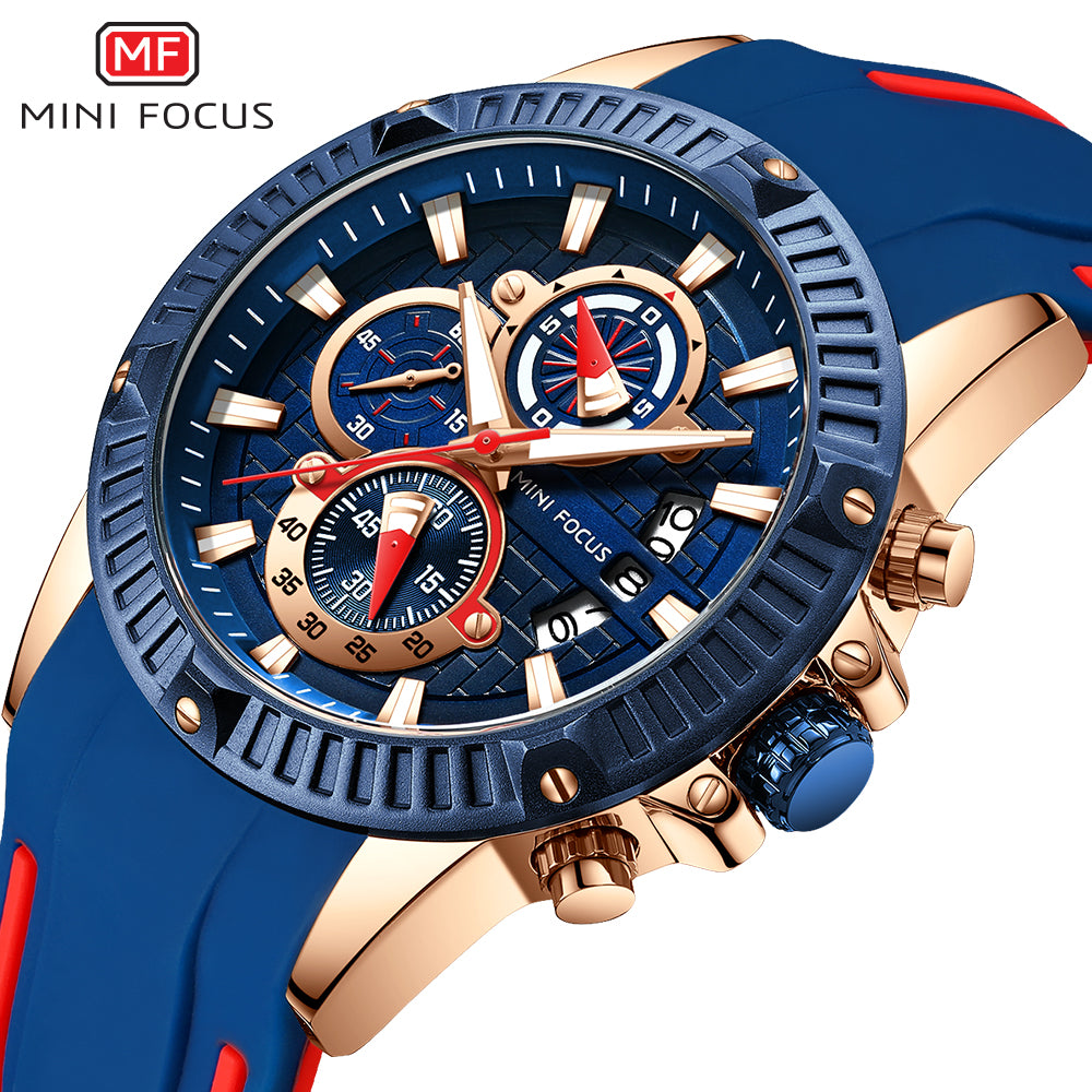 Mini Focus MF0244G.01 Men's Luxury Sports Chronograph Watch – Textured Blue Dial with Rose Gold Accents, Multi-Layer Chronograph Display and Bold Silicone Strap