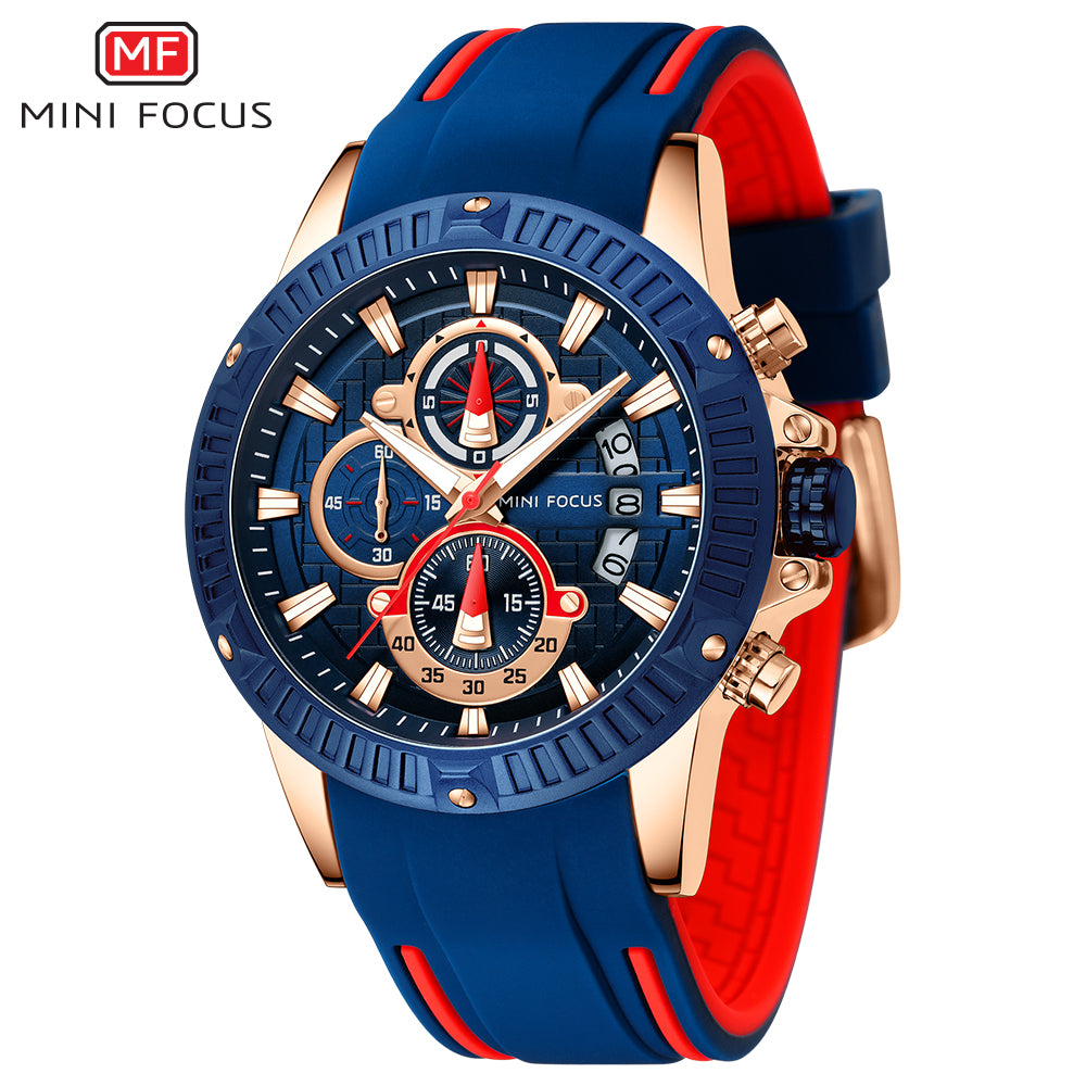 Mini Focus MF0244G.01 Men's Luxury Sports Chronograph Watch – Textured Blue Dial with Rose Gold Accents, Multi-Layer Chronograph Display and Bold Silicone Strap