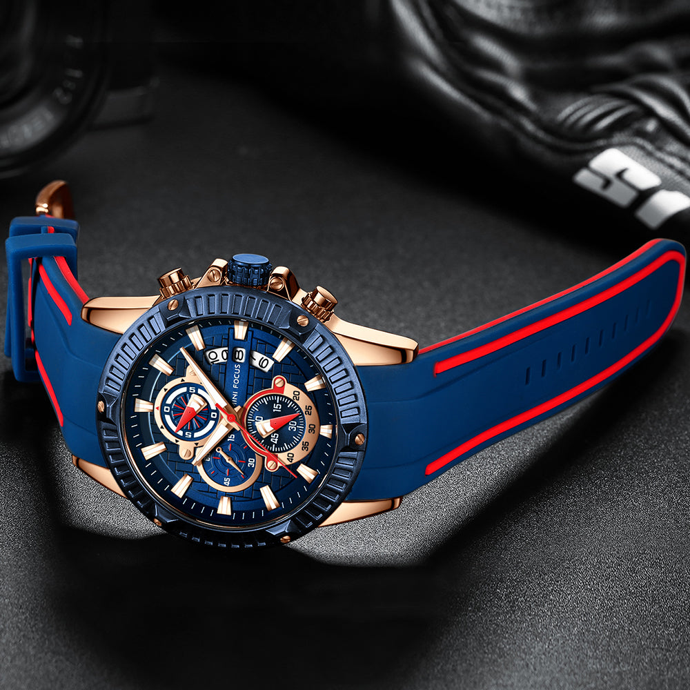 Mini Focus MF0244G.01 Men's Luxury Sports Chronograph Watch – Textured Blue Dial with Rose Gold Accents, Multi-Layer Chronograph Display and Bold Silicone Strap