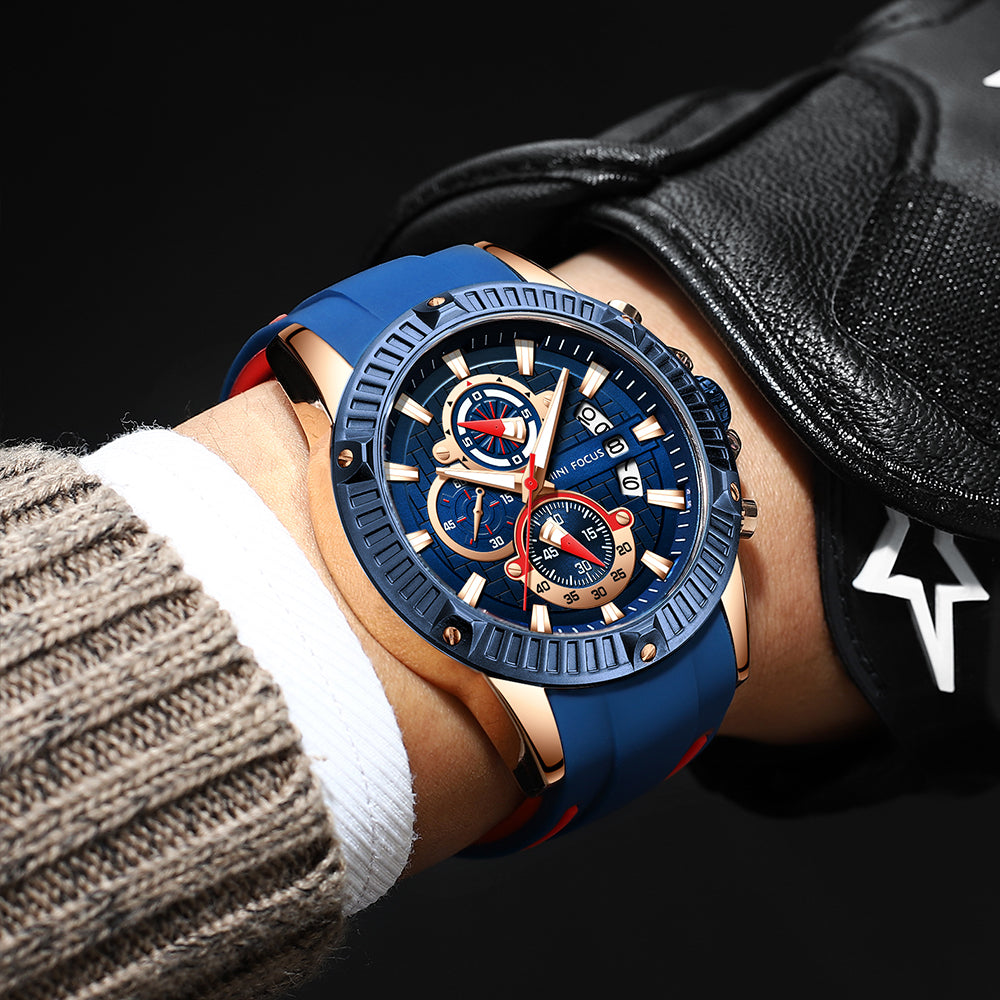 Mini Focus MF0244G.01 Men's Luxury Sports Chronograph Watch – Textured Blue Dial with Rose Gold Accents, Multi-Layer Chronograph Display and Bold Silicone Strap