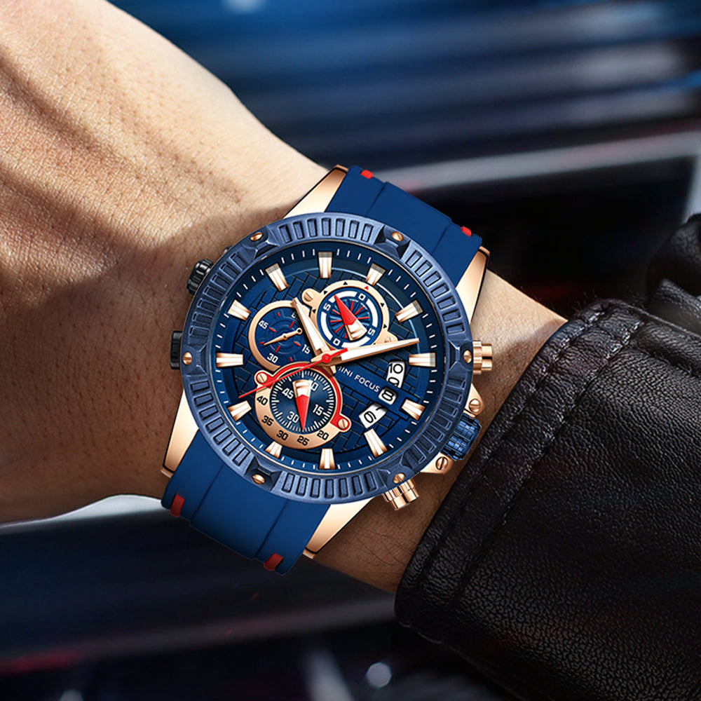 Mini Focus MF0244G.01 Men's Luxury Sports Chronograph Watch – Textured Blue Dial with Rose Gold Accents, Multi-Layer Chronograph Display and Bold Silicone Strap