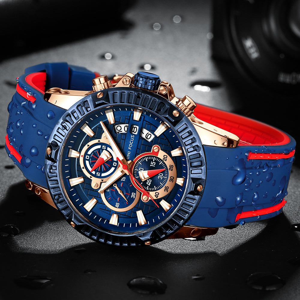 Mini Focus MF0244G.01 Men's Luxury Sports Chronograph Watch – Textured Blue Dial with Rose Gold Accents, Multi-Layer Chronograph Display and Bold Silicone Strap