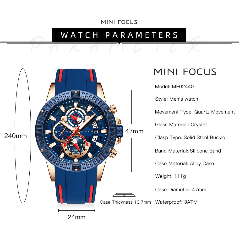 Mini Focus MF0244G.01 Men's Luxury Sports Chronograph Watch – Textured Blue Dial with Rose Gold Accents, Multi-Layer Chronograph Display and Bold Silicone Strap