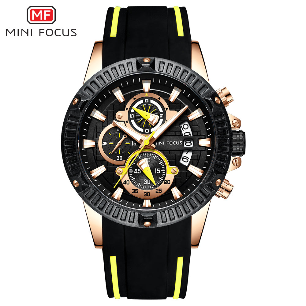 Mini Focus MF0244G.02 Men's Luxury Sports Chronograph Watch – Textured Black Dial with Yellow Highlights, Multi-Layer Chronograph Display and Bold Silicone Strap