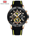 Mini Focus MF0244G.02 Men's Luxury Sports Chronograph Watch – Textured Black Dial with Yellow Highlights, Multi-Layer Chronograph Display and Bold Silicone Strap