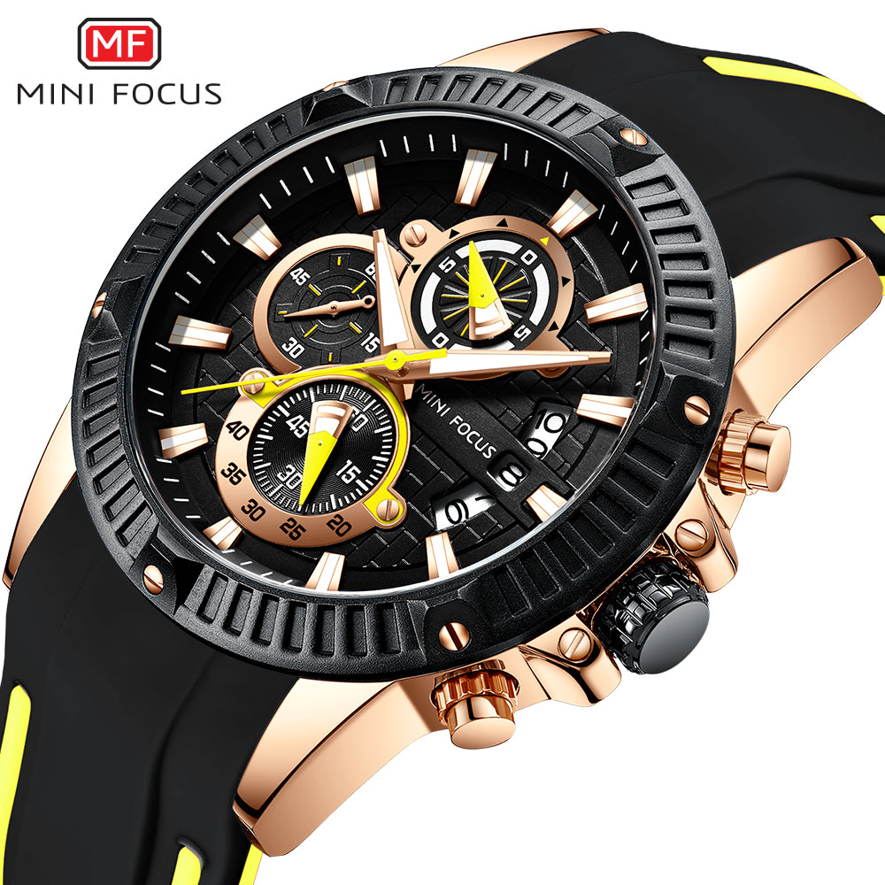 Mini Focus MF0244G.02 Men's Luxury Sports Chronograph Watch – Textured Black Dial with Yellow Highlights, Multi-Layer Chronograph Display and Bold Silicone Strap