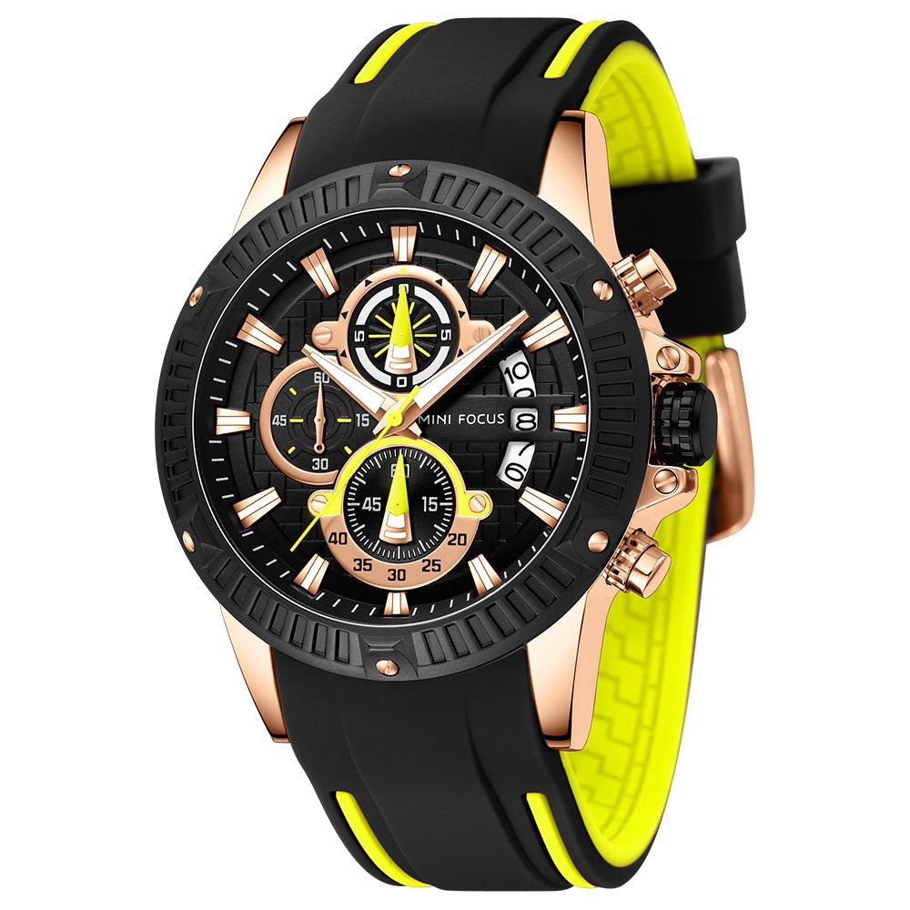 Mini Focus MF0244G.02 Men's Luxury Sports Chronograph Watch – Textured Black Dial with Yellow Highlights, Multi-Layer Chronograph Display and Bold Silicone Strap