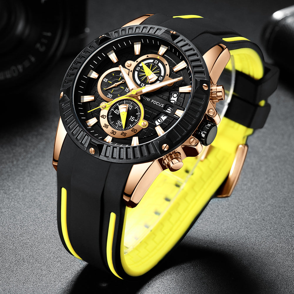 Mini Focus MF0244G.02 Men's Luxury Sports Chronograph Watch – Textured Black Dial with Yellow Highlights, Multi-Layer Chronograph Display and Bold Silicone Strap