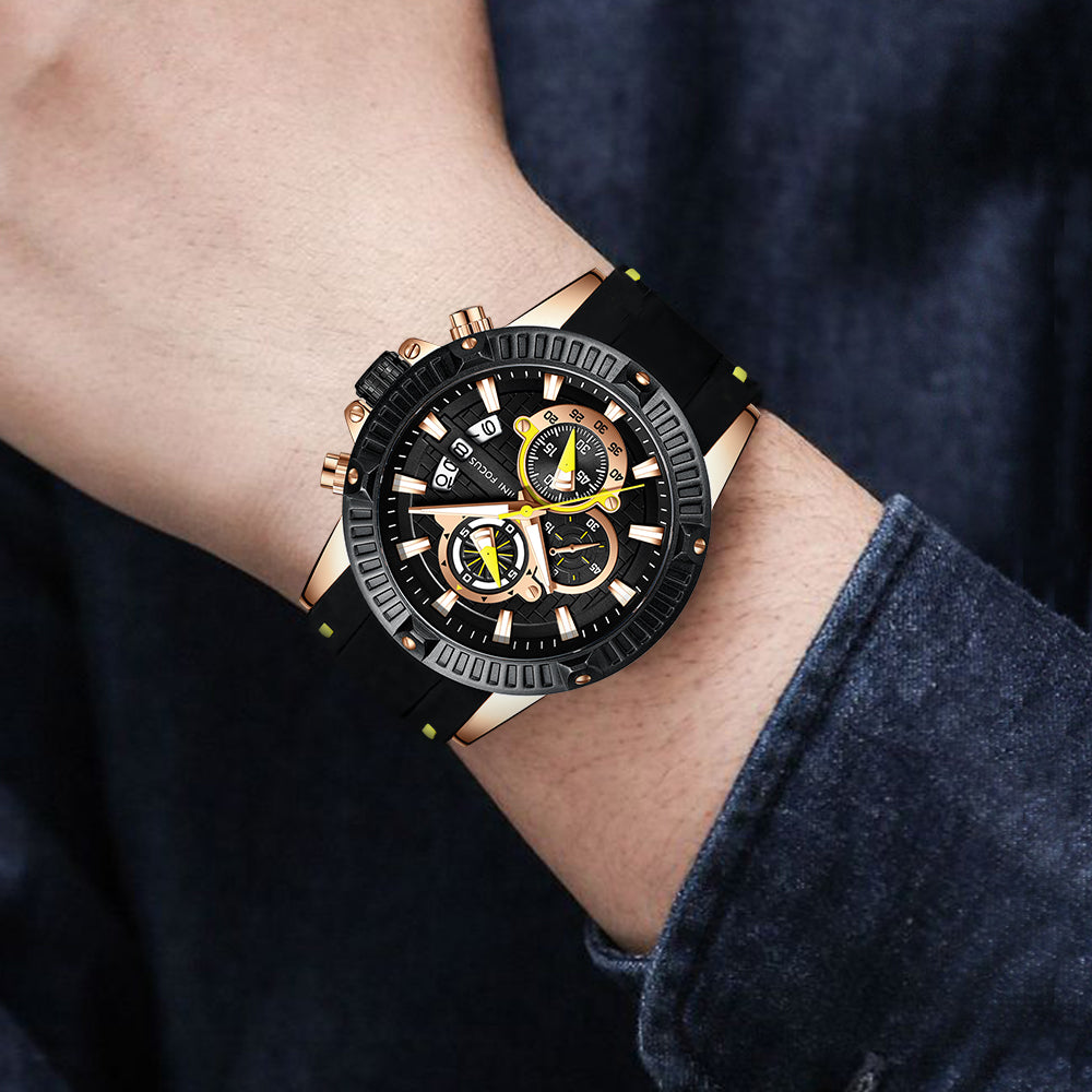 Mini Focus MF0244G.02 Men's Luxury Sports Chronograph Watch – Textured Black Dial with Yellow Highlights, Multi-Layer Chronograph Display and Bold Silicone Strap