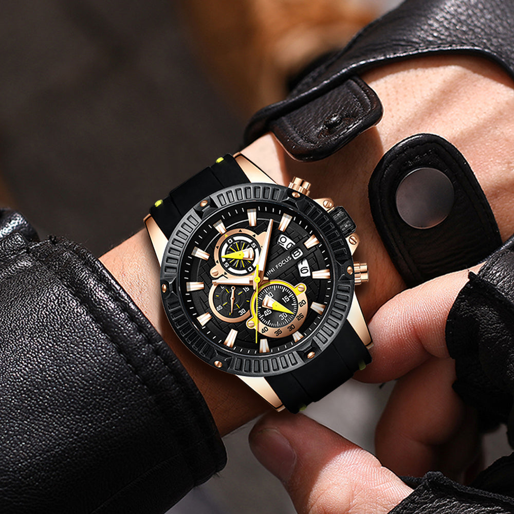 Mini Focus MF0244G.02 Men's Luxury Sports Chronograph Watch – Textured Black Dial with Yellow Highlights, Multi-Layer Chronograph Display and Bold Silicone Strap