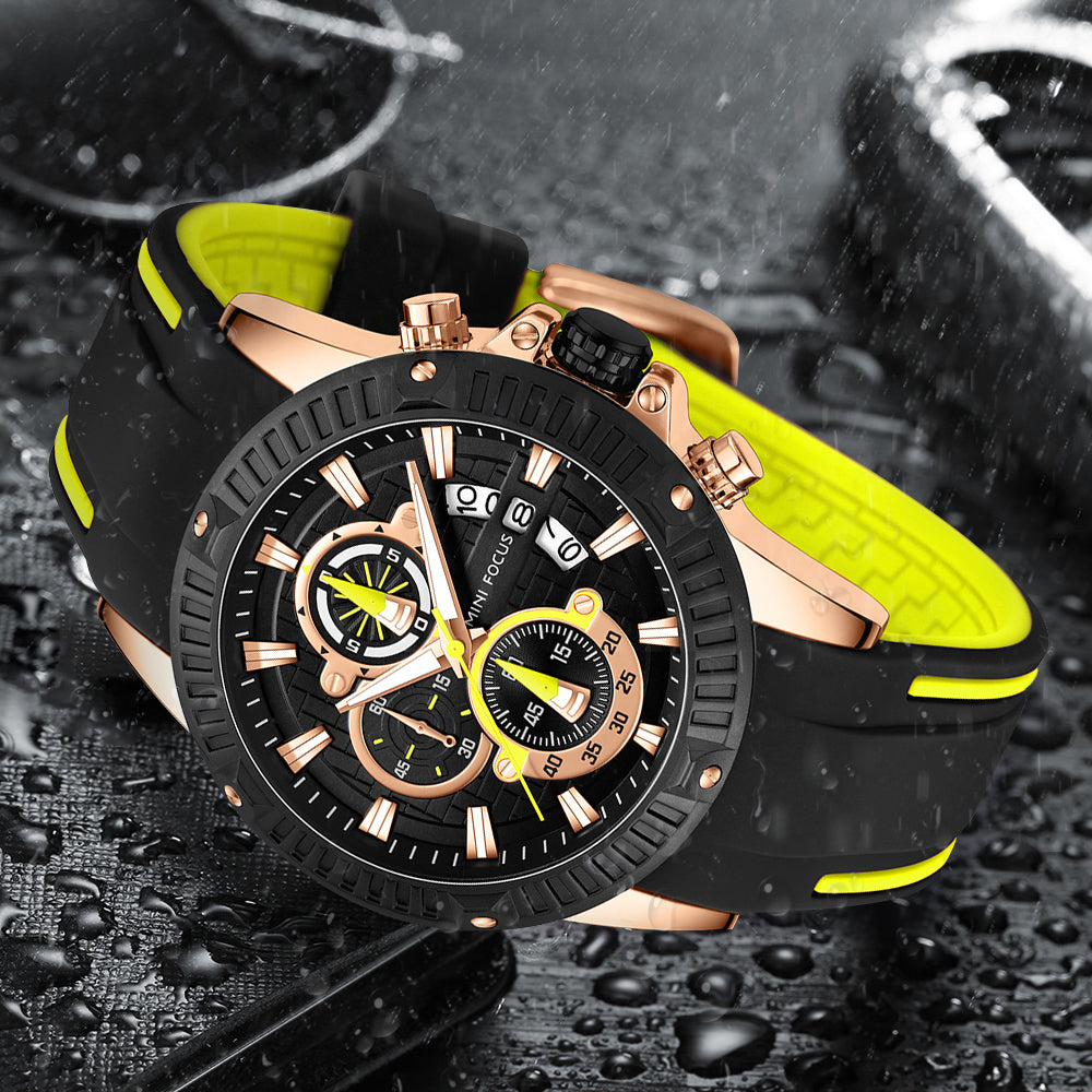 Mini Focus MF0244G.02 Men's Luxury Sports Chronograph Watch – Textured Black Dial with Yellow Highlights, Multi-Layer Chronograph Display and Bold Silicone Strap