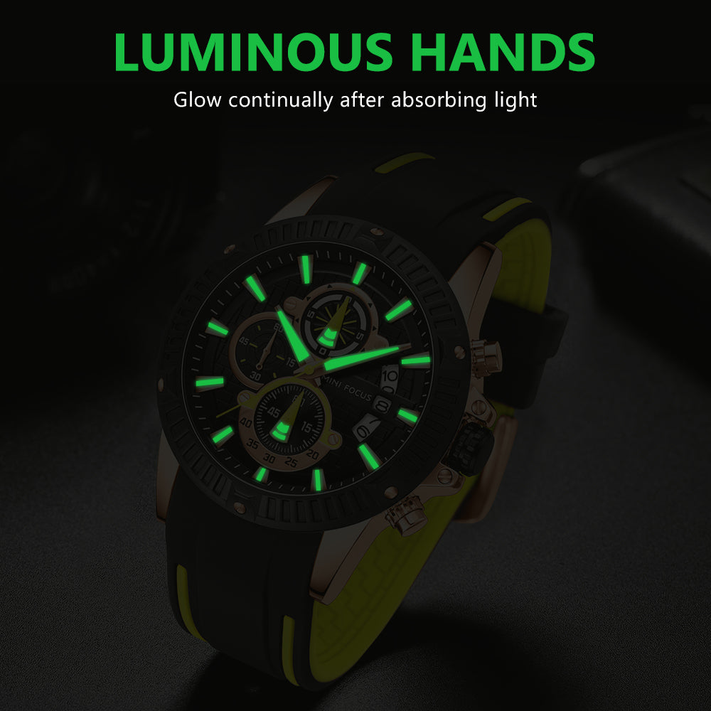 Mini Focus MF0244G.02 Men's Luxury Sports Chronograph Watch – Textured Black Dial with Yellow Highlights, Multi-Layer Chronograph Display and Bold Silicone Strap