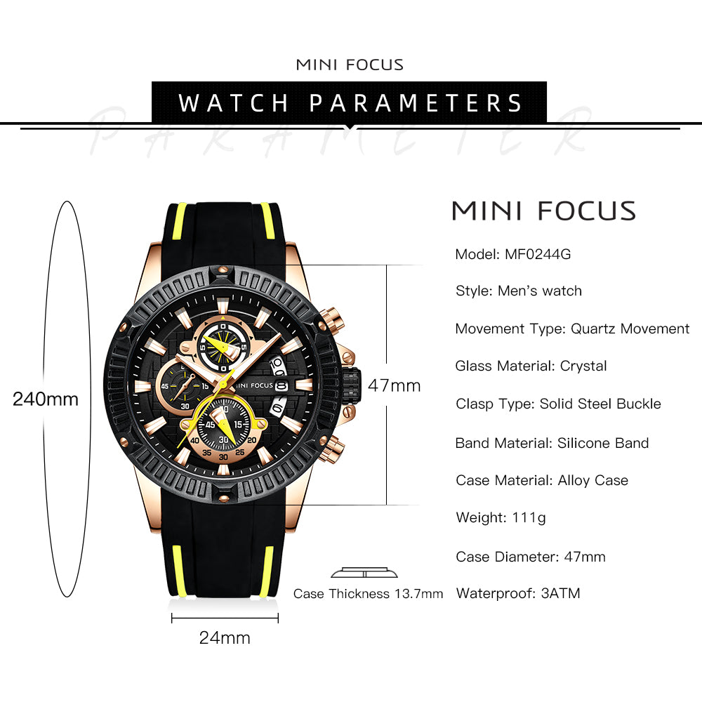 Mini Focus MF0244G.02 Men's Luxury Sports Chronograph Watch – Textured Black Dial with Yellow Highlights, Multi-Layer Chronograph Display and Bold Silicone Strap
