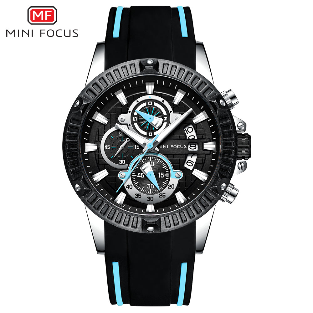 Mini Focus MF0244G.03 Men's Luxury Sports Chronograph Watch – Textured Black Dial with Cyan Highlights, Multi-Layer Chronograph Display and Bold Silicone Strap
