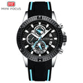 Mini Focus MF0244G.03 Men's Luxury Sports Chronograph Watch – Textured Black Dial with Cyan Highlights, Multi-Layer Chronograph Display and Bold Silicone Strap