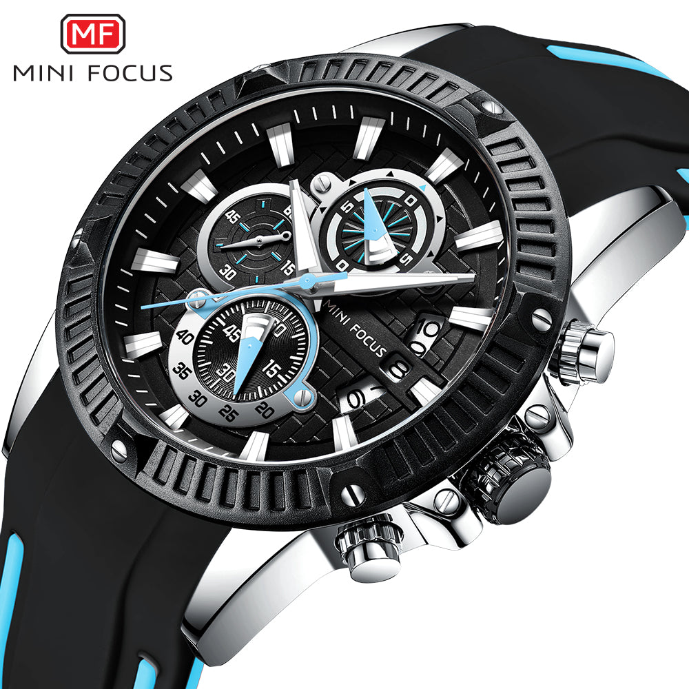 Mini Focus MF0244G.03 Men's Luxury Sports Chronograph Watch – Textured Black Dial with Cyan Highlights, Multi-Layer Chronograph Display and Bold Silicone Strap