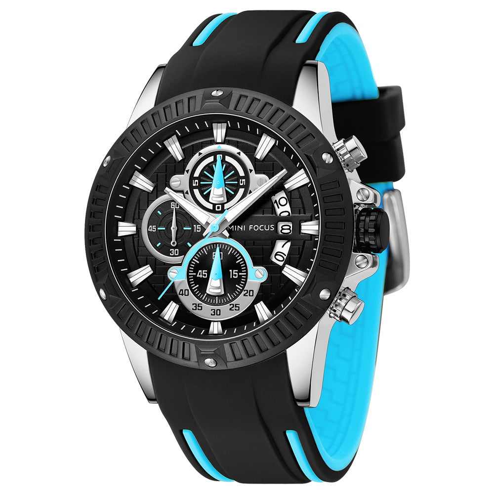 Mini Focus MF0244G.03 Men's Luxury Sports Chronograph Watch – Textured Black Dial with Cyan Highlights, Multi-Layer Chronograph Display and Bold Silicone Strap