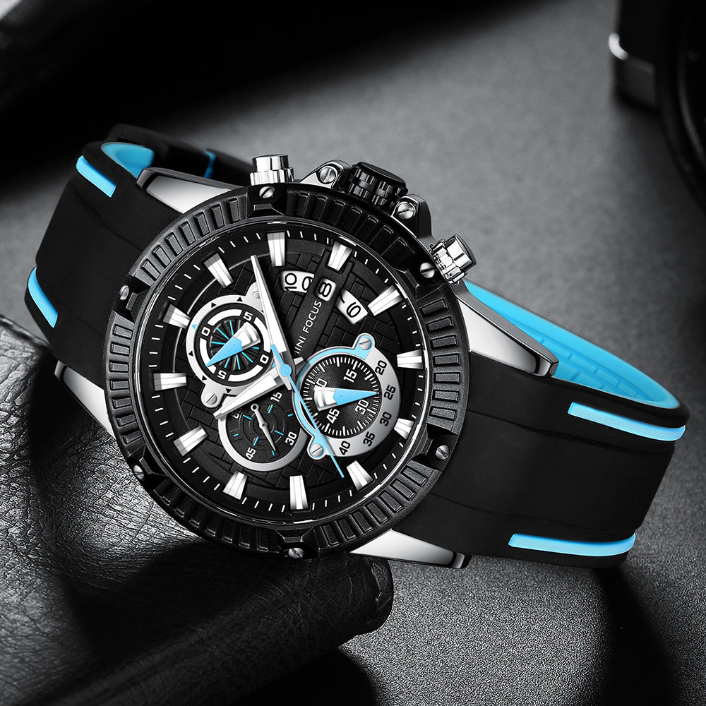 Mini Focus MF0244G.03 Men's Luxury Sports Chronograph Watch – Textured Black Dial with Cyan Highlights, Multi-Layer Chronograph Display and Bold Silicone Strap