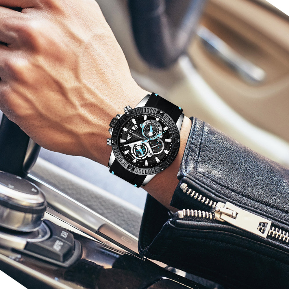 Mini Focus MF0244G.03 Men's Luxury Sports Chronograph Watch – Textured Black Dial with Cyan Highlights, Multi-Layer Chronograph Display and Bold Silicone Strap