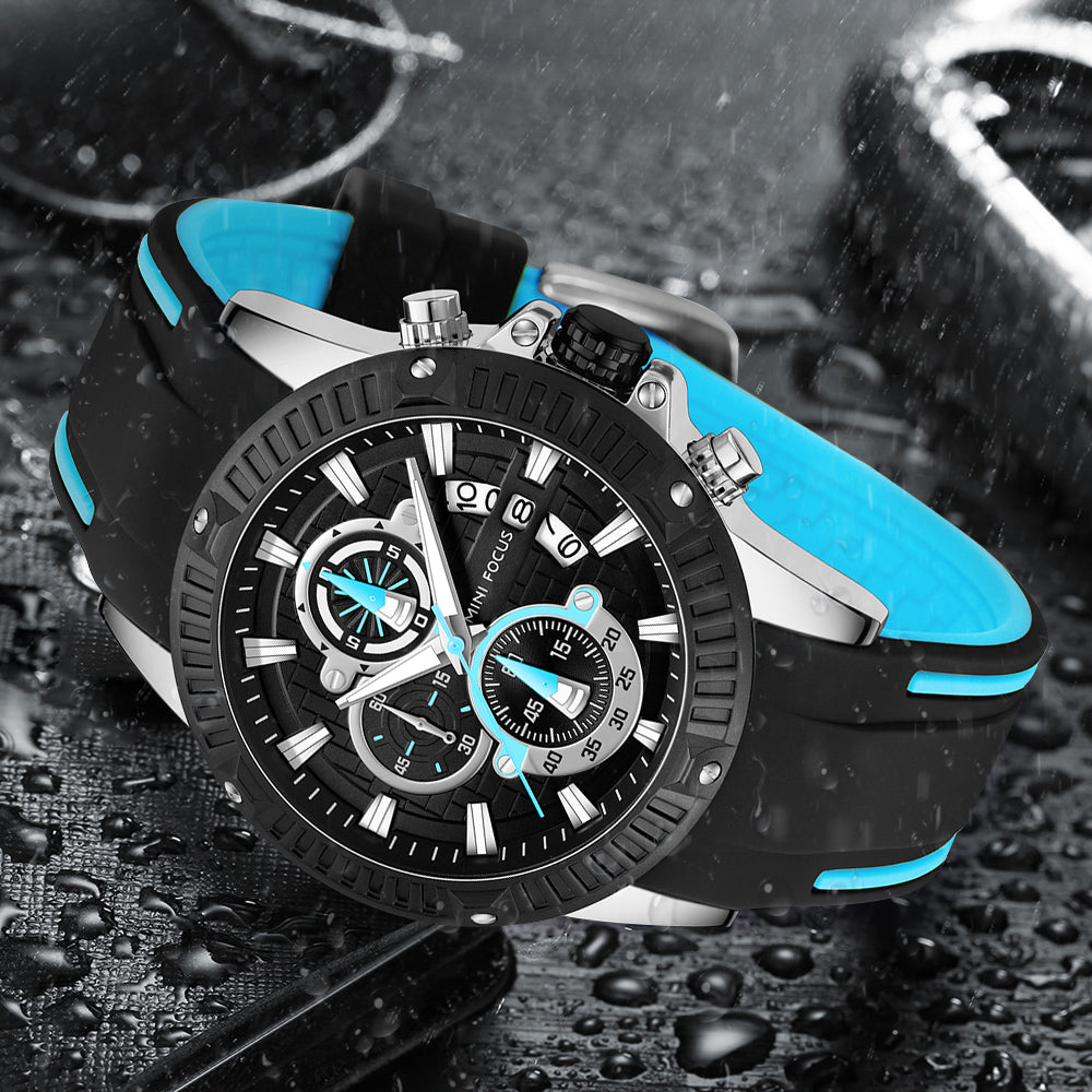 Mini Focus MF0244G.03 Men's Luxury Sports Chronograph Watch – Textured Black Dial with Cyan Highlights, Multi-Layer Chronograph Display and Bold Silicone Strap